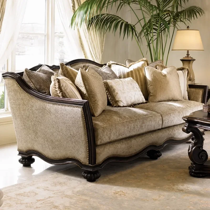 American Retro Solid Wood Carved Floral Fabric Sofa 3 Seater Straight Row for Villa Living Room Customizable Furniture