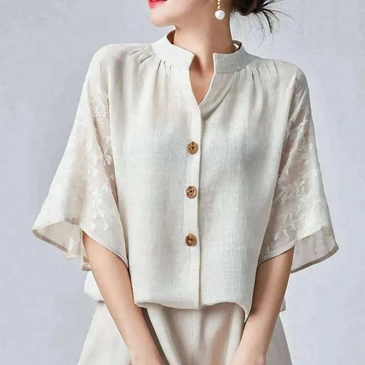 

2025 Summer New Small High Collar Button Front Half Sleeve Top