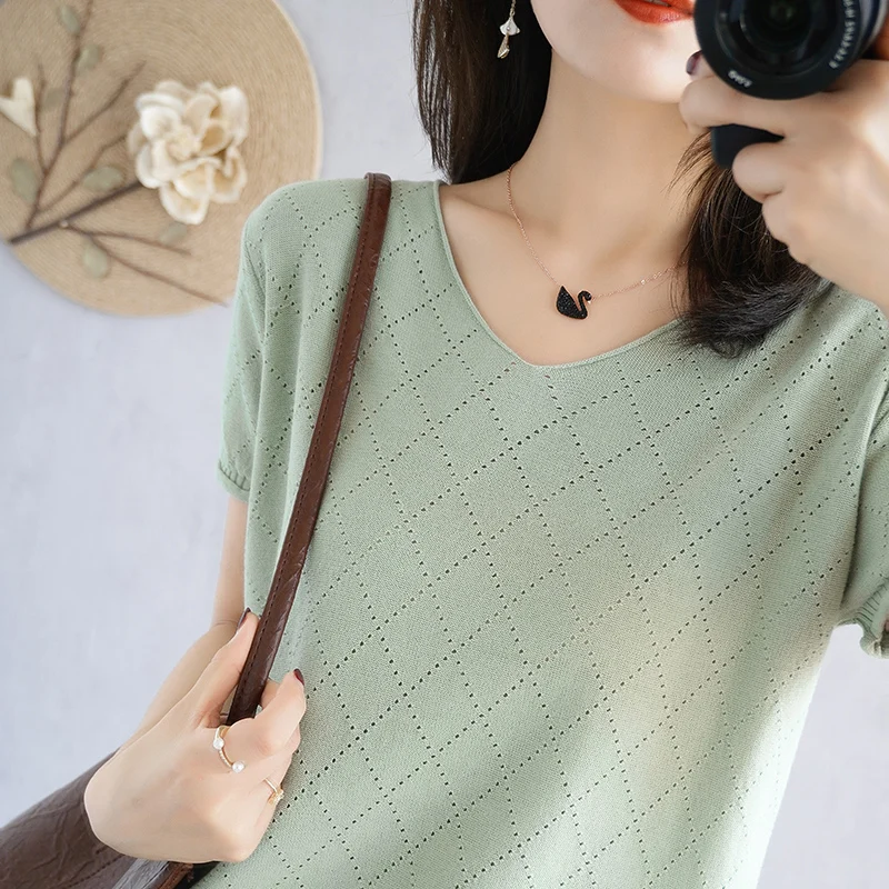 100% cotton short-sleeved knitwear women's V-neck pullover hollow hook short-sleeved bottom T-shirt all-cotton vest thin