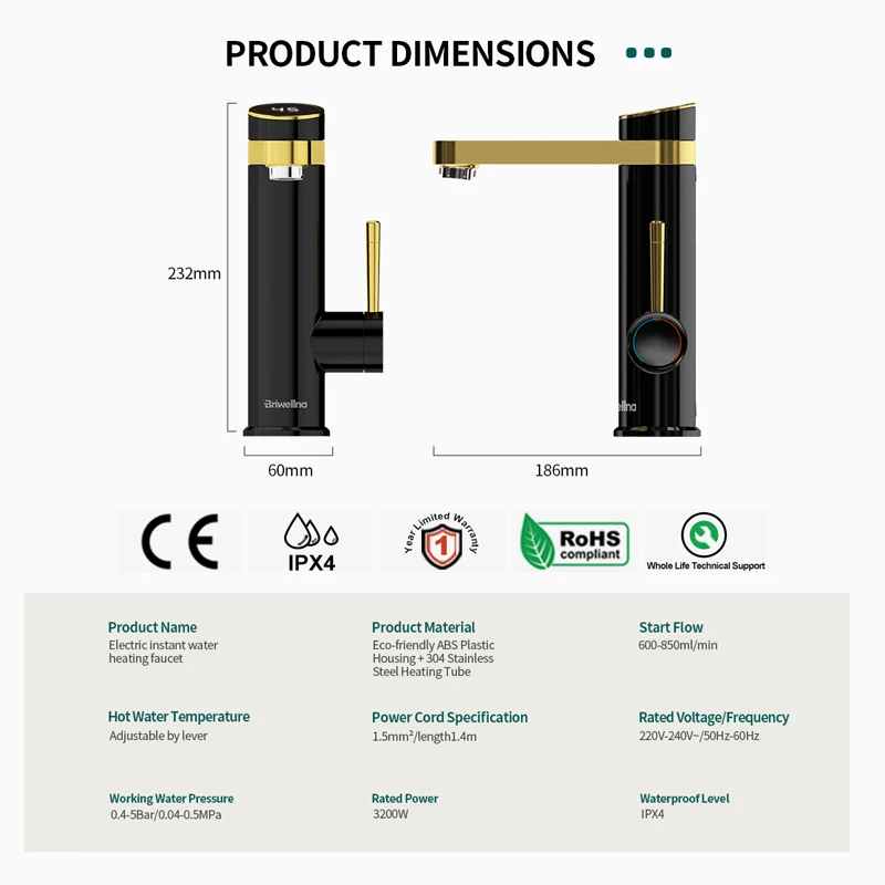 Briwellna 물 히터 흐르는 수도꼭지, 220V 전기 탱크 없는 물 히터 탭, 회전 주둥이, 전기 수도꼭지, 물 가열, 게이저