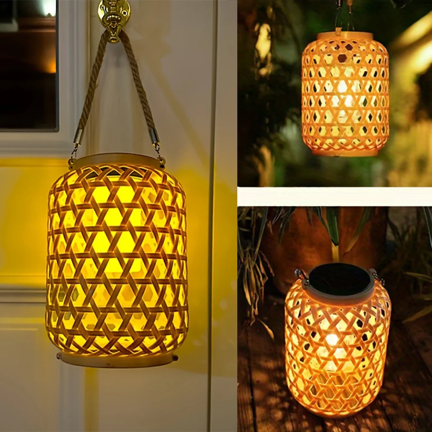 CY 1PC Solar Powered Rattan Lantern Chandelier - Waterproof, Solar Wireless Charging, Rechargeable Nickel Battery