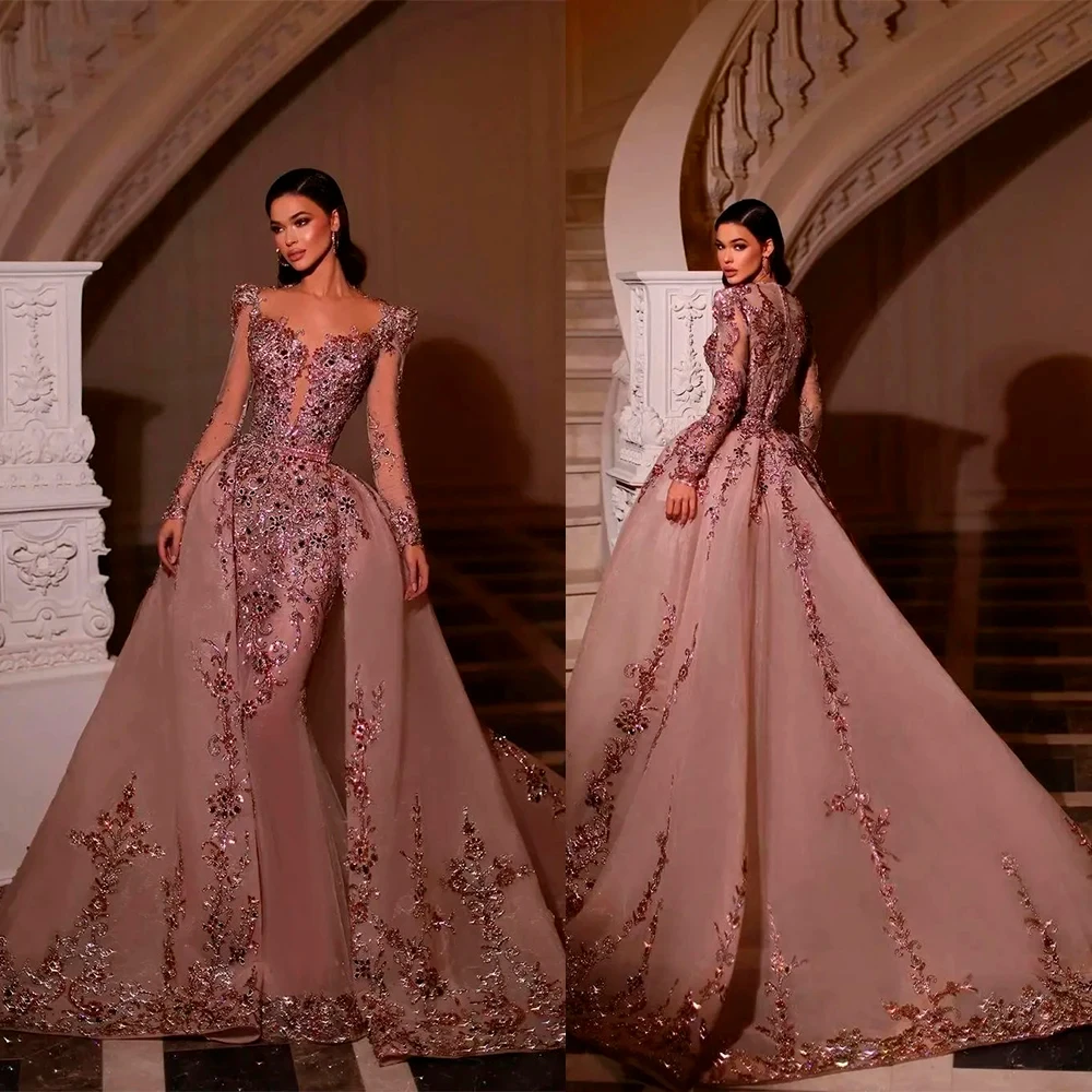 

Elegant Floor Length Evening Gowns Full Sleeve Fashion V Neck Fishtail Detachable Trailer Customized Sequin Printed Prom Dresses