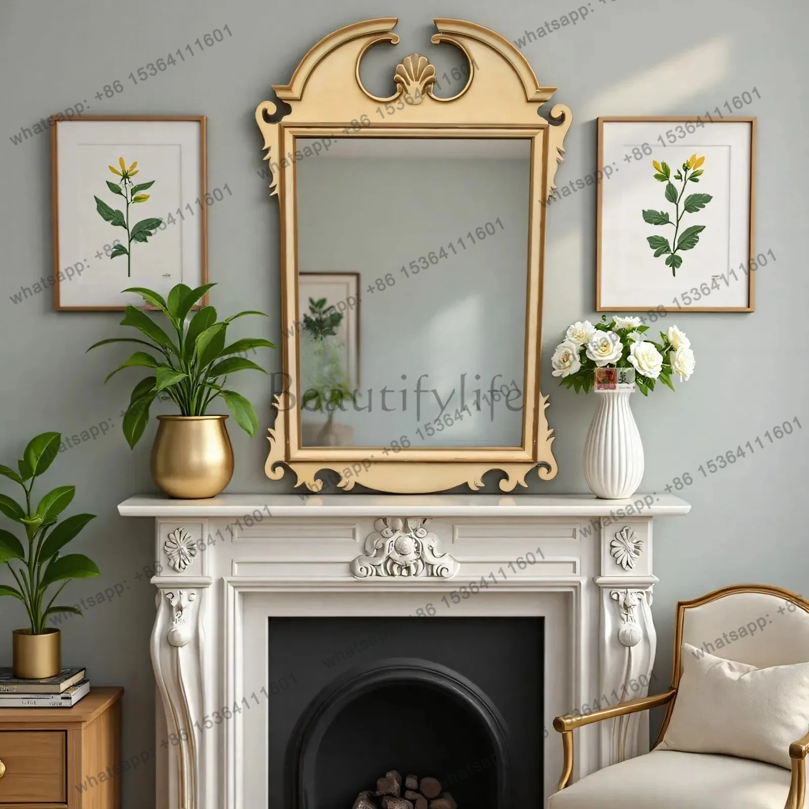 Miroir décoratif d'art rétro européen, miroir cosmétique de bureau français suspendu au mur, miroir de salle de bain suspendu au mur