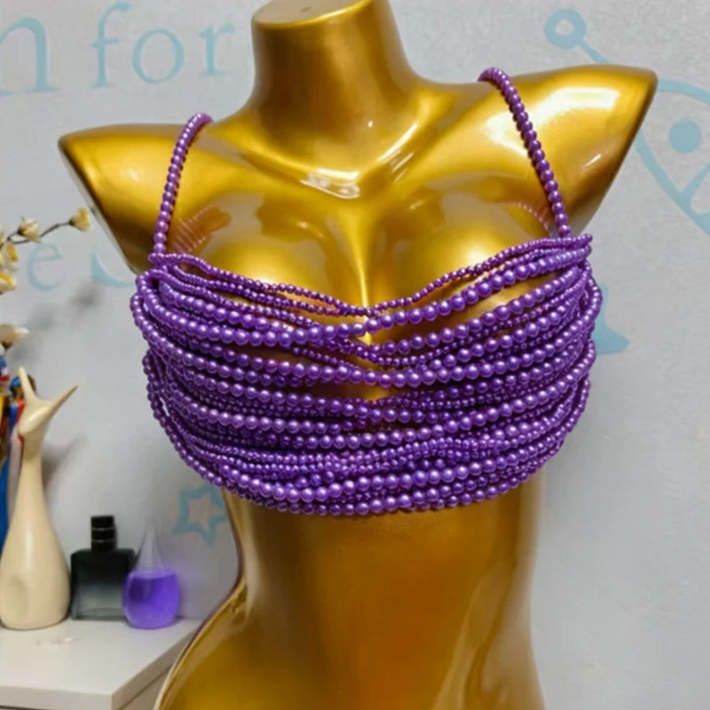Damen Perlen-Körperkette BH Sexy Mehrlagiges Perlen-Y2K-Crop-Top Spaghetti-Träger Strand-Bikini-Überzug футболка+женская 2026 – Detail 9