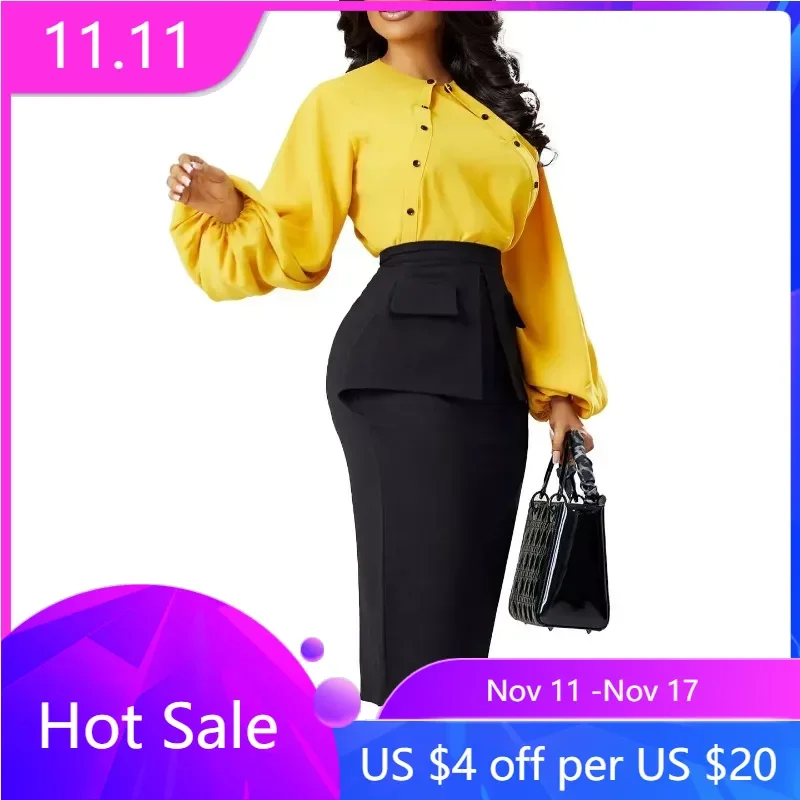 

Casual Pencil Skirt 2 Piece Set Women Solid Button Lantern Sleeve Blouse Top Bodycon Skirt Suit Work Business 2 Piece Outfit