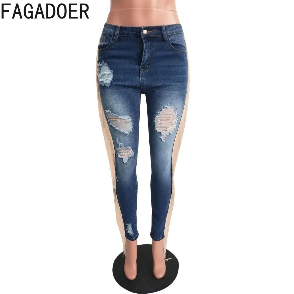 FAGADOER Fashion Denim Tassels Skinny Pants Women High Waisted Hole Pocket Jean Trousers Casual Female Solid Cowboy Streetwear