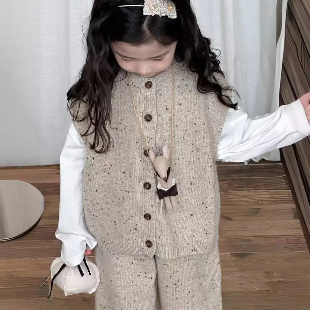 Autumn 2024 New Korean Style Products Girl Sweater Suit Children Knitted Yarn Vest Trousers Solid Color Two Piece Sets