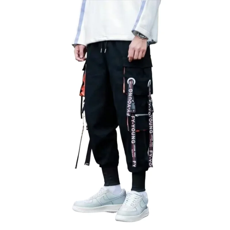 

Fashion Big Pocket Men's Cargo Pants Japan Harajuku Design Black Punk Pants for Men Rapper Stylish Ribbons Streetwear Trousers