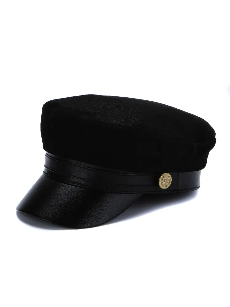 Women Autumn Natural Sheepskin Peaked Cap Winter Student Genuine Leather Military Hat Casual Sun Protected Letters Printed Hats