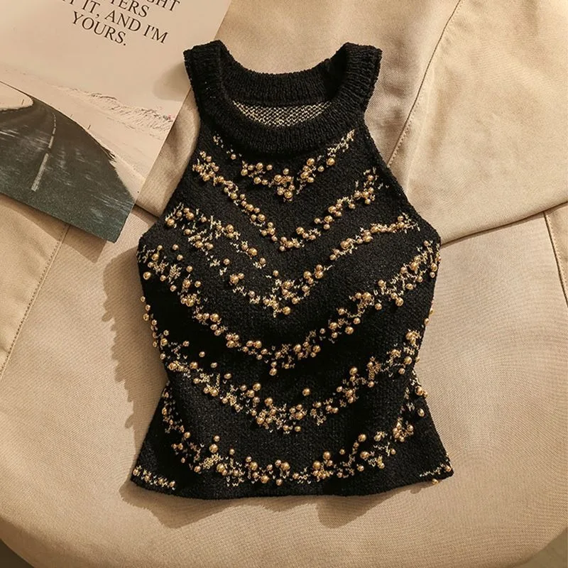 Women Knit Tank Top Beaded Pearl Gold Jacquard Summer Tee Off Shoulder Chic Korean Fashion Style Short Camisole