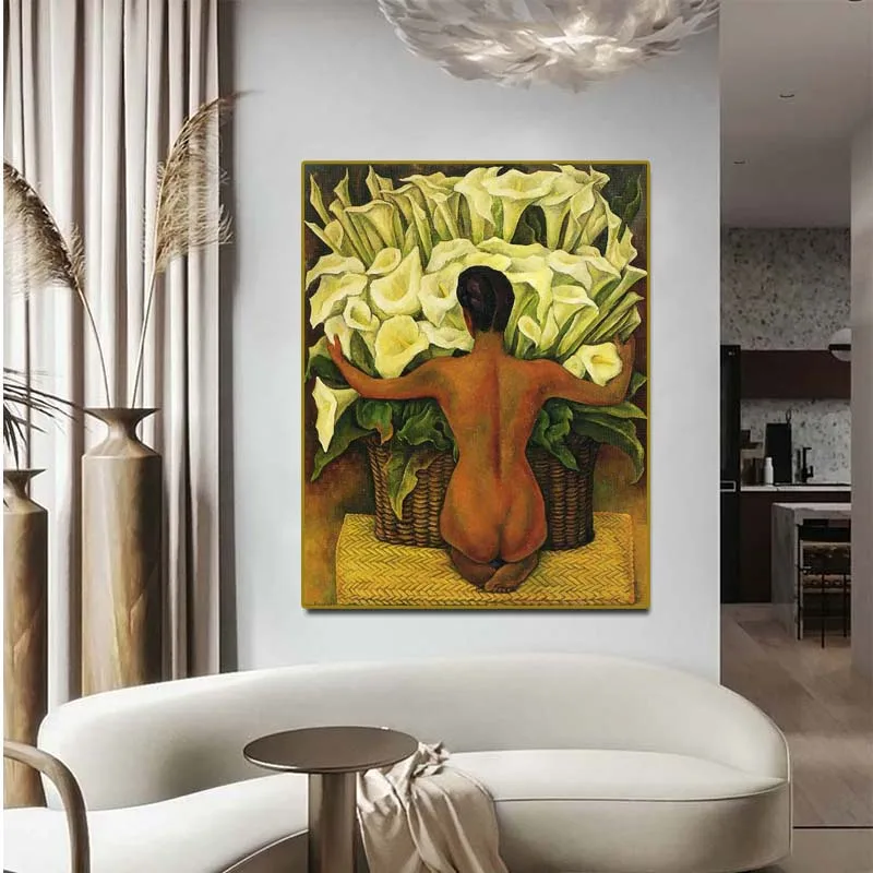 Hand painted high quality reproduction of Nude with Calla Lilies by Diego Rivera Nude oil painting on canvas for bedroom deco