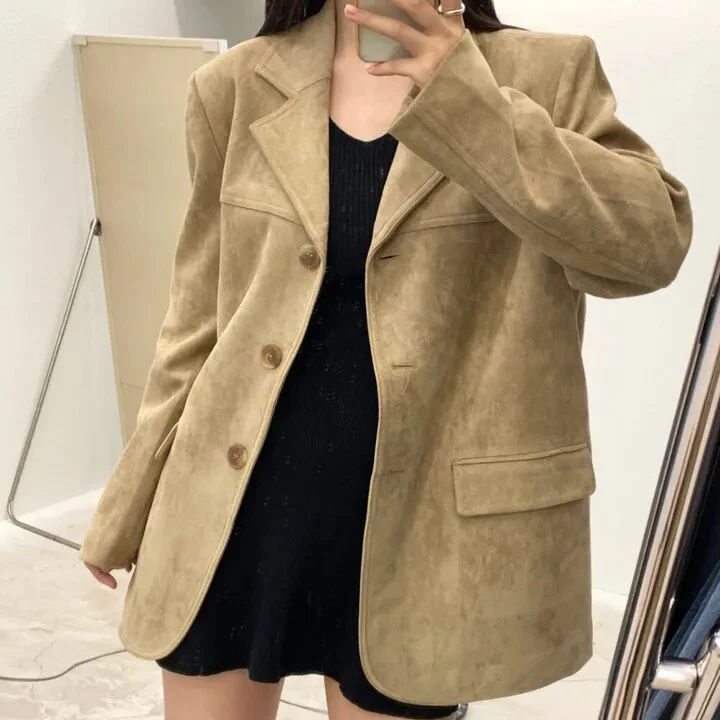 Chic Vintage da donna in pelle Jaet allentato dimagrante bottone singolo sentimenti di fascia alta pelle di cervo abito in velluto Top Quali Faion