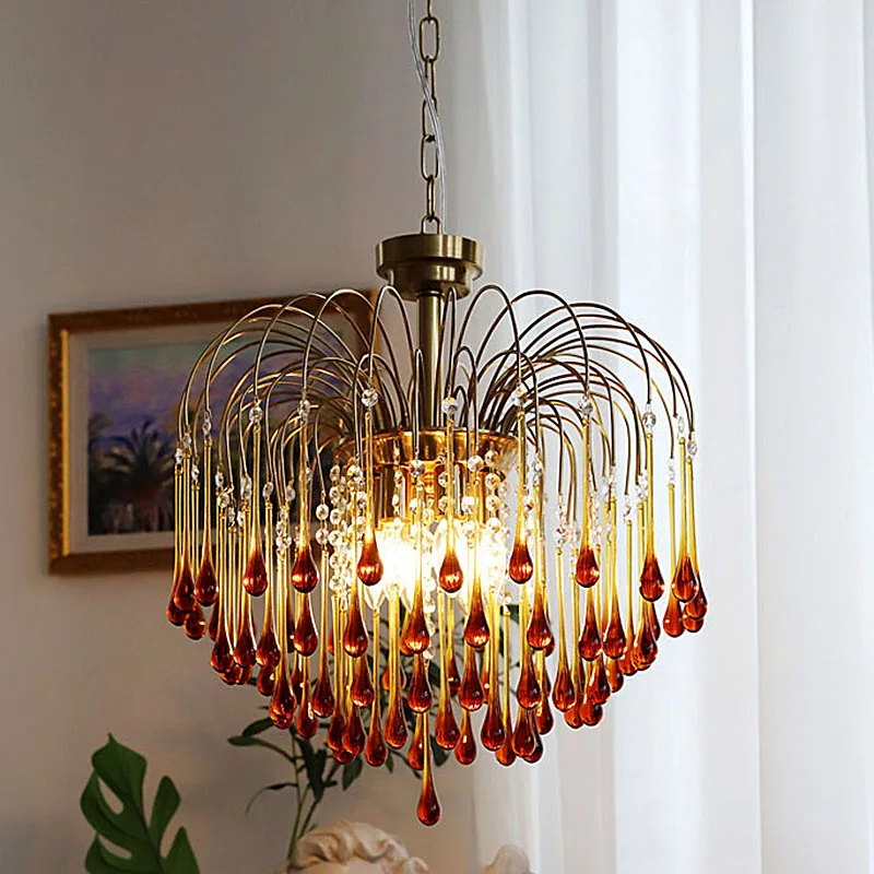 Italian Copper Retro Water Drop Chandelier French Luxury Living Room Bedroom Lamp Dining Room Creative Crystal Pendant Lighting