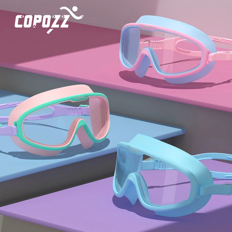 COPOZZ Kids Swimming Goggles Waterproof Adjustable Silicone Child Swim Glass Anti-fog UV Protection Big Frame Eyewear with Case