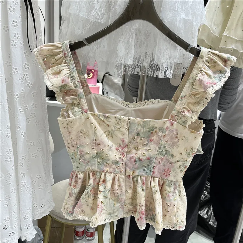 Elegant Lace Hollow Jacquard Camisole Tops for Women Summer 2024 New Hot Girl Style Women's Wooden Ear Printed Flowers Vest Top