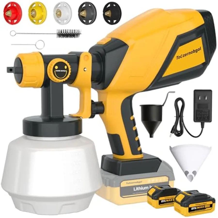 

Беспроводной краскопульт 21В с 2 аккумуляторами 4.0Ач, 1200 мл, мощный электрический распылитель с 5 насадками и 3 режимами распыления, регулируемый