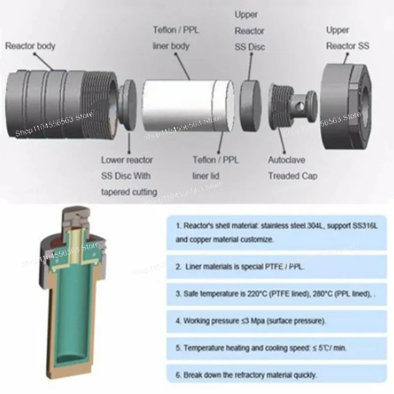 Stainless Steel Hydrothermal Autoclave Reactor Chamber Synthesis 5/10/15/20/25/50/100/150/200/250/300/500ml PPL 280 centigrade