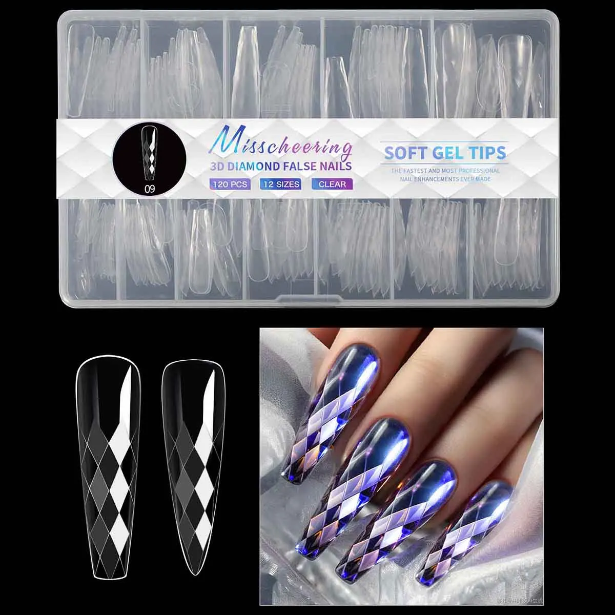 3D Diamond Rhombus False Clear Nail Tips Long Stiletto Coffin Full Cover Nail Art Decoration Tools 12 Sizes 120PC Press On Nails