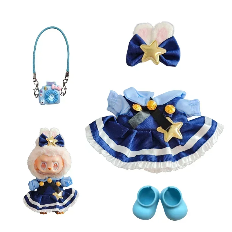 

17cm Labubu Doll Kawaii Clothes Set Blue Sailor Dress Shoes Accessories Fashion Outfit For The Monsters Plush Doll DIY Kid Gift