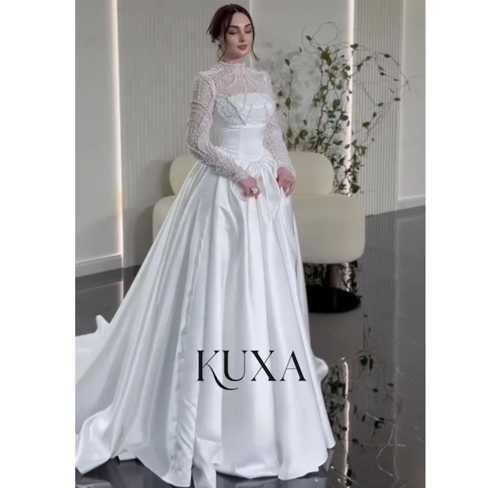 KUXA Maßgeschneidertes Einfaches A-Linien Satin Brautkleid Damen Spitze Langarm Hochgeschlossen Formelles Elegantes Brautkleid Vestido De Novia