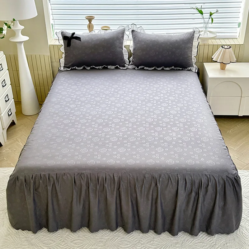 

Brushed Washed Cotton Bed Skirt Bow Lace Mattress Protector Non Slip Bed Sheet Bedroom Textile Supply