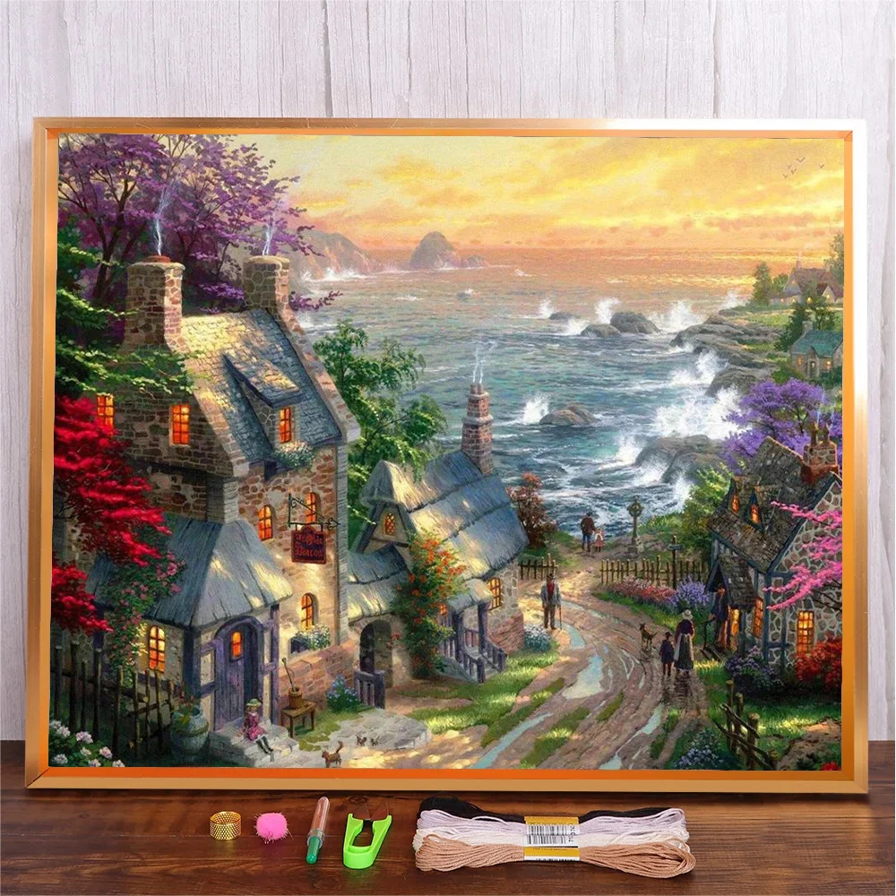 

Fairy Tale Town Pattern Cross Stitch Embroidery Kit Seascape Landscape DIY Cotton Thread Needlework Printed On Canvas 11CT