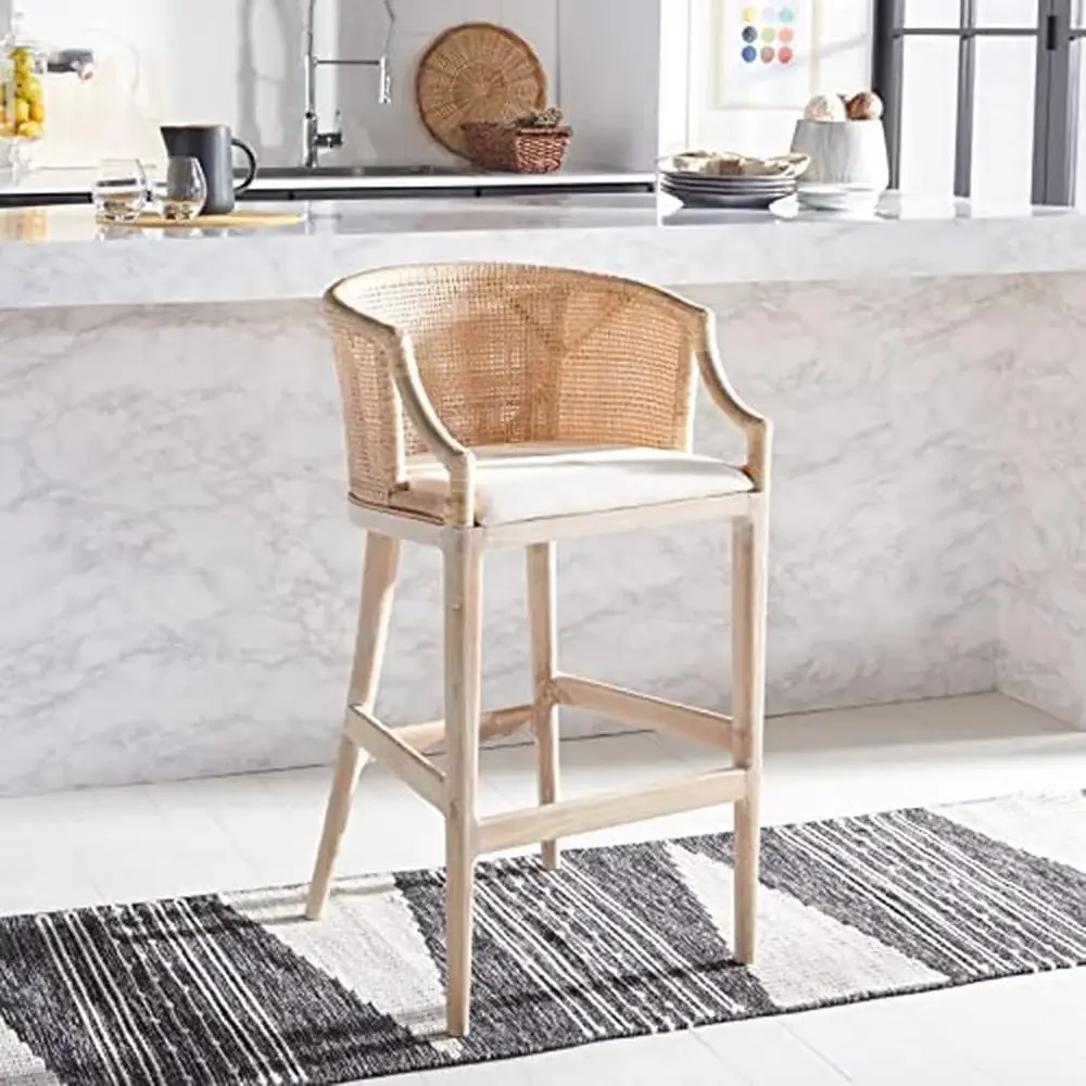 Textured Rattan Back Coastal Bar Stool Whitewashed Wood Legs Fully Assembled 30-inch Seat Height