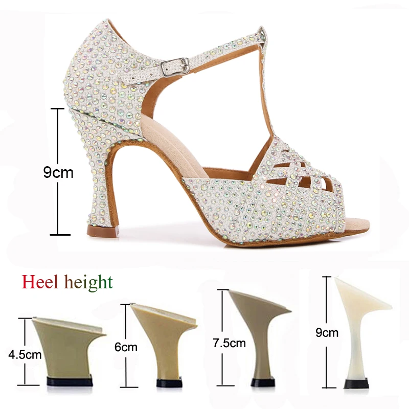 Latin Shoes Women's Salsa Tango Ballroom Party Dance Shoes Gold Silver Rhinestones High Heel Girls Summer Sandals Sneakers