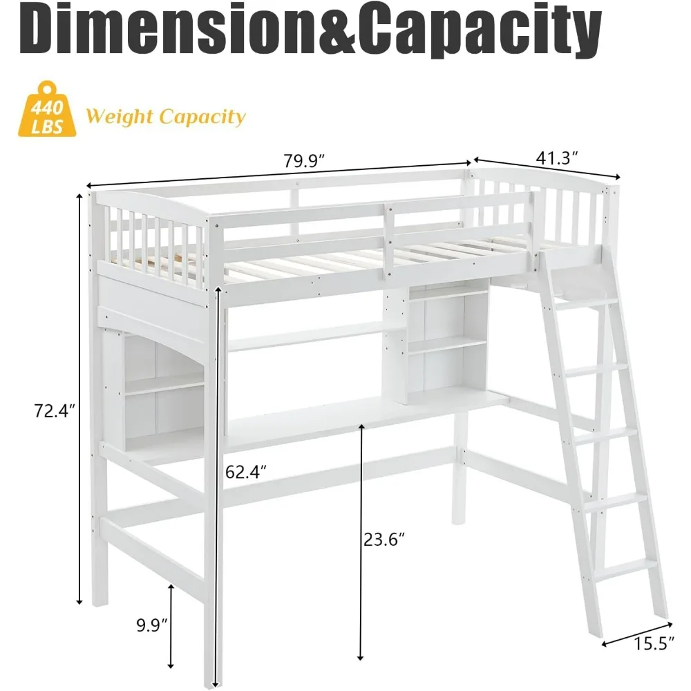 Loft Bed Twin Size, Bunk Bed with Desk and Shelves, Wood Bed Frame with Safety Guardrails and Inclined Ladders, No Box