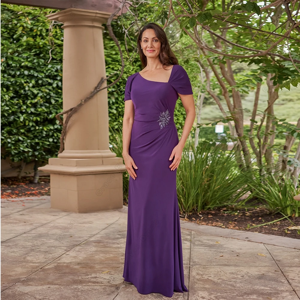 

Charming Mother of Bride Dresses with Beading Off Shoulder Purple Chiffon Wedding Party Gown Sheath Vestido De Noche Summer