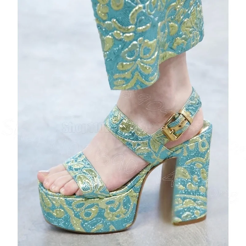 

Glitter Floral Print Open Toe Platform Sandals Buckle Strap Women Shoes Chunky High Heels Party Runway 2026 Zapatos Para Mujere