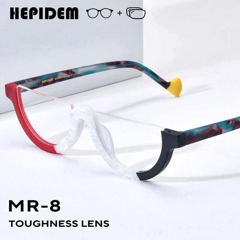 HEPIDEM Progressive Prescription Eyeglasses Custom Anti Blue Myopia Optical Lens Eyewear Men Women Acetate Semi-Rimless Glasses