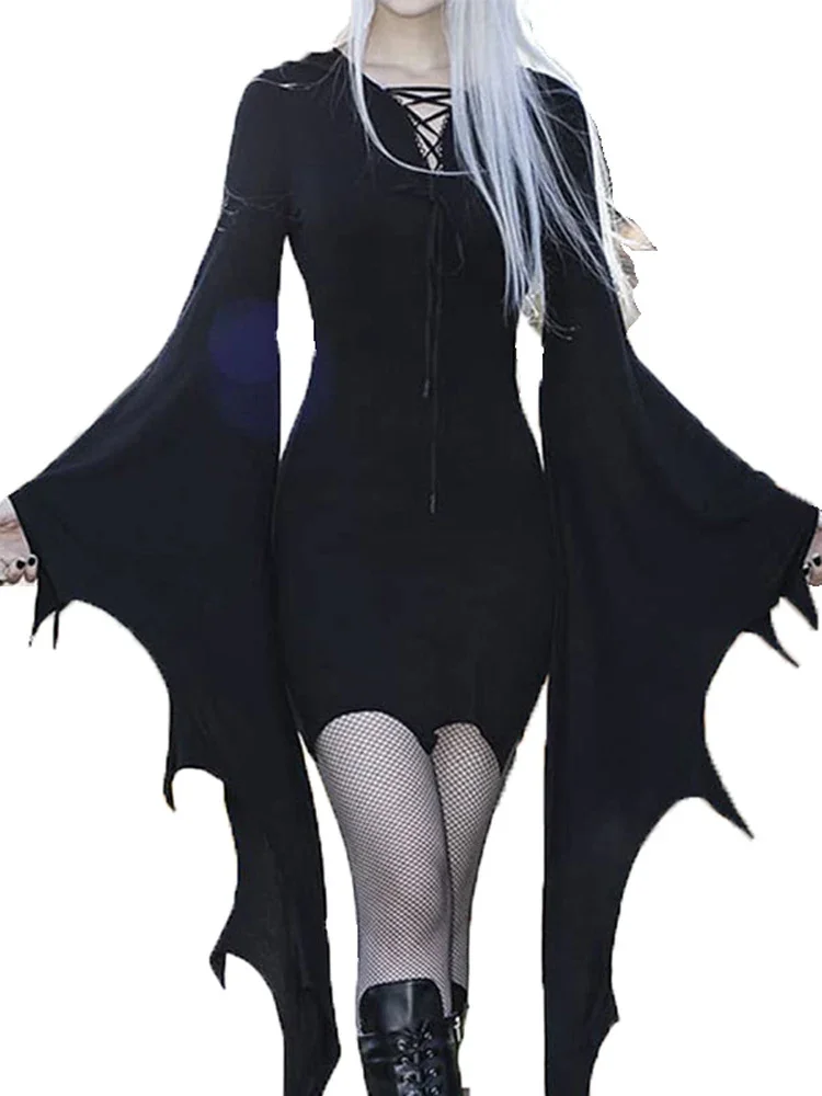 Vestido negro de cintura alta para mujer, minivestido gótico con manga de murciélago, Estilo Vintage, elegante
