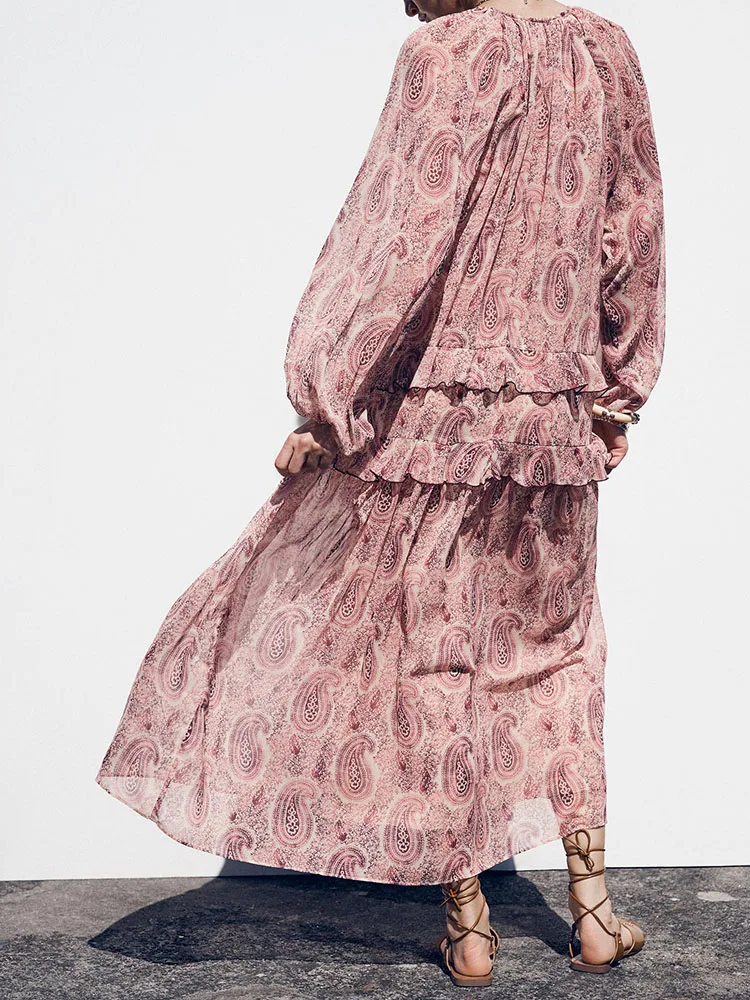 Nova Chegada de Primavera ZA2025 Vestido F E de Manga Longa com Estampa Estilo Decorativo em Camadas Material E...