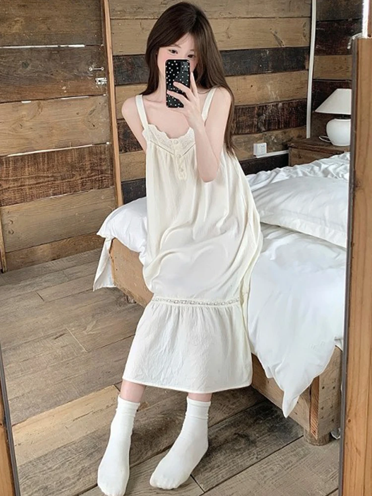 2025 New Pure Cotton Sweet Girl Suspender Nightdress French Simple Lace Pajamas Dress Breathable Skin-friendly Casual Loungewear