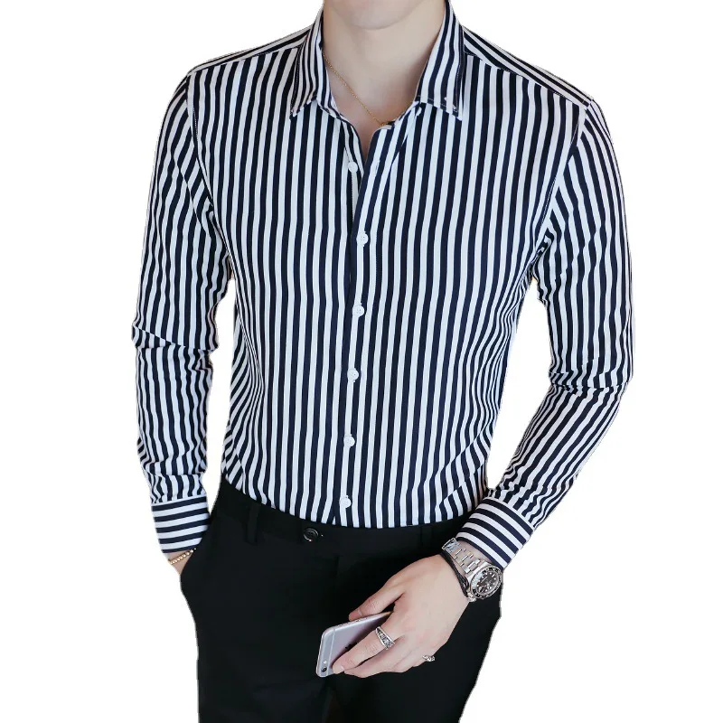 2025 New Autumn Men's Long Sleeve Shirt Korean Style Slim White Striped Shirt Japanese Men Youth Hawaiian Casual Shirt Hawaii