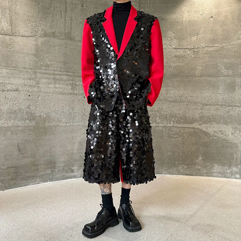 

iny Sequin Patchwork Suit Set Men's Women's up Street Dance Nightclub Singer Stage Outfit Seven-Five Pants Sparkling Two...