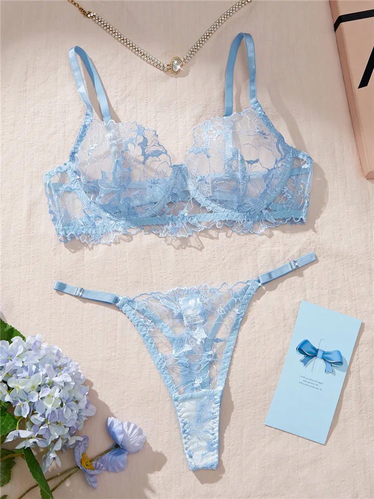 

Сексуальный комплект нижнего белья с вышивкой, романтический бюстгальтер, короткий комплект, прозрачное нижнее белье, стринги, новая мода, кружевные прозрачные синие экзотические комплекты