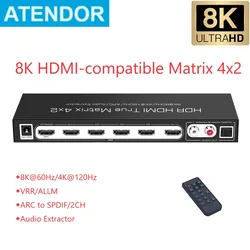 8K HDMI-compatible 2.1 Matrix Switcher 4 In 2 Out ARC to SPDIF 2CH Audio Extractor 4K@120Hz ALLM VRR Dolby Vision Atmos HDR 10+