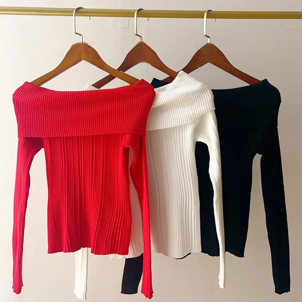 Women Knitting Tops Sexy One Shoulder Long Sleeve Slim Fit Pullover Tops Solid Color Ribbed Blouse Daily Wear