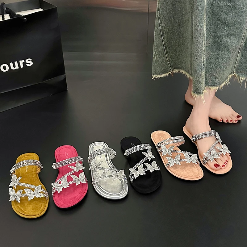 Slippers Casual Summer Women's Shoes Butterfly-Knot Glitter Slides Pantofle Shale Female Beach Luxury Flat Jelly 2024 Sabot Fash