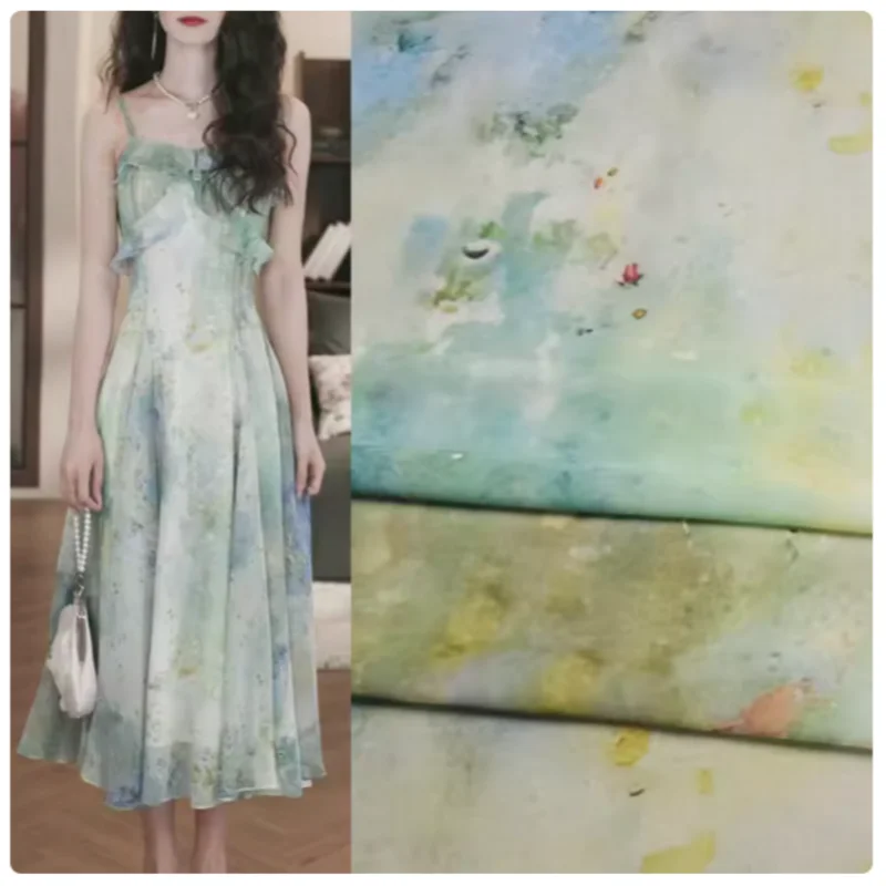 Ocean Wind Blue Oil Painting Print Chiffon Fabric, Dress, Sunscreen Cloth, Handmade Sewing Tissue, Thin Soft Transparen, T2216