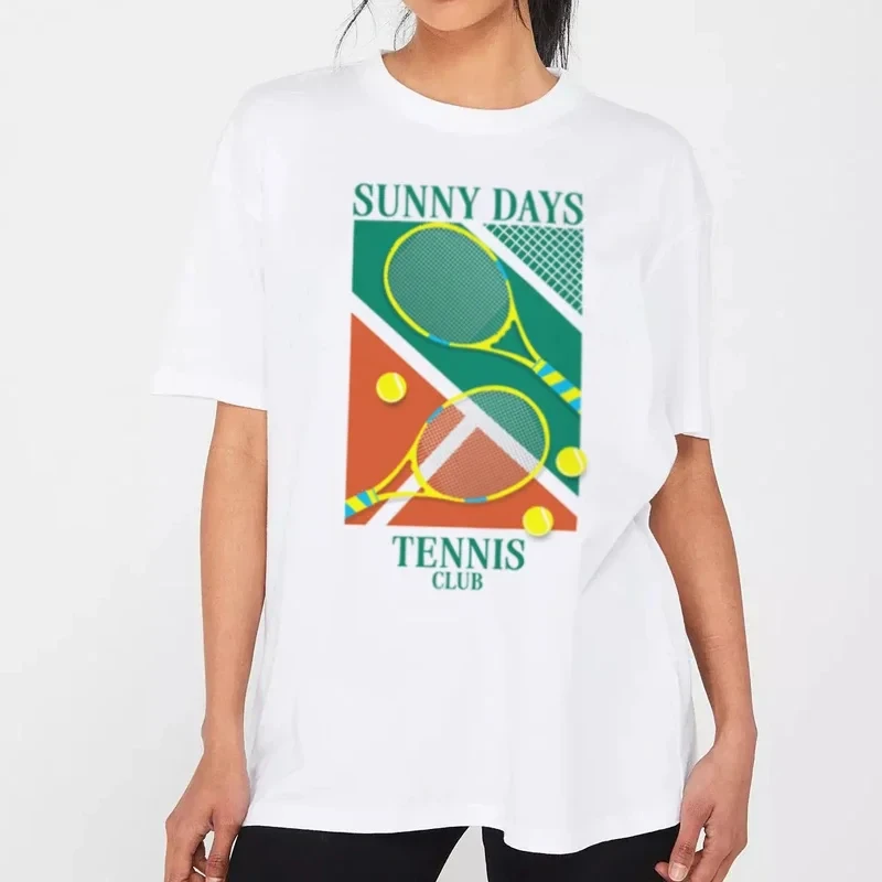 Four U Sommer Vintage Damen Tennis Club Grafik T-Shirt Lose Kurzarm Retro Ästhetisches Sport T-Shirt Mode Urlaub Top