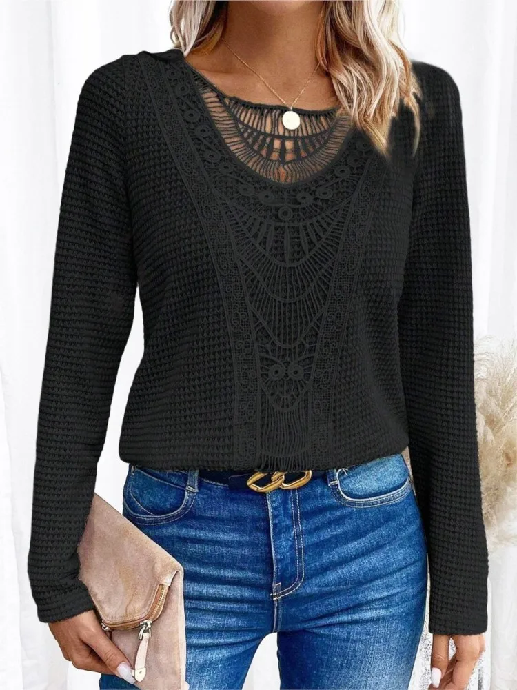 Women\'s Fashion Lace Stitching Blouses T-shirt Summer Casual Round Neck Office Lady Long-sleeve Loose Tees Tops Women Clothing