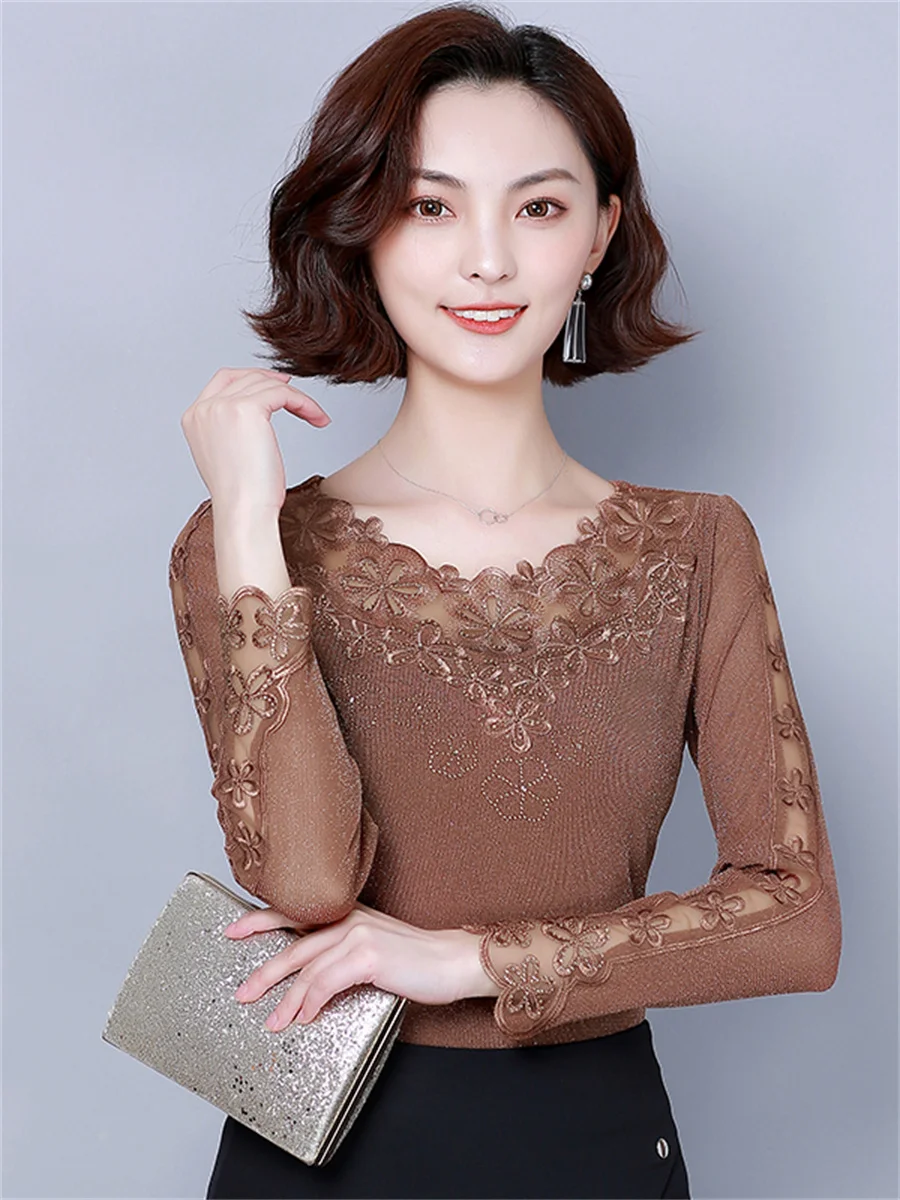 4XL Women Spring Autumn Blouses Shirts Lady Fashion Casual Long Sleeve O-Neck Collar Lace Sexy Embroidery Blusas Tops CT0268