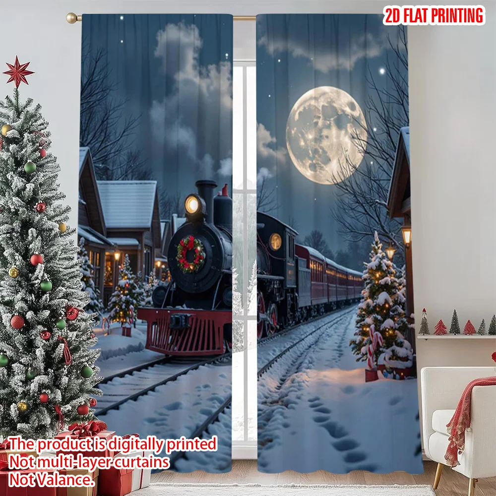 

2pcs 2D flat printing Merry Christmas Drapes Holiday Christmas Winter Train Machine Washable Fabric Without Electricity Holiday