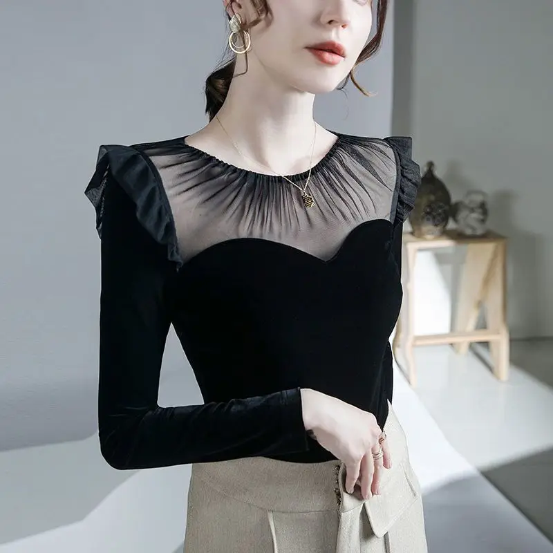 Vintage Sping Autumn Velvet New Women T-Shirts Solid O-Neck Gauze Pleated Hollow Out Korean Fashion Long Sleeve Bottoming Tops