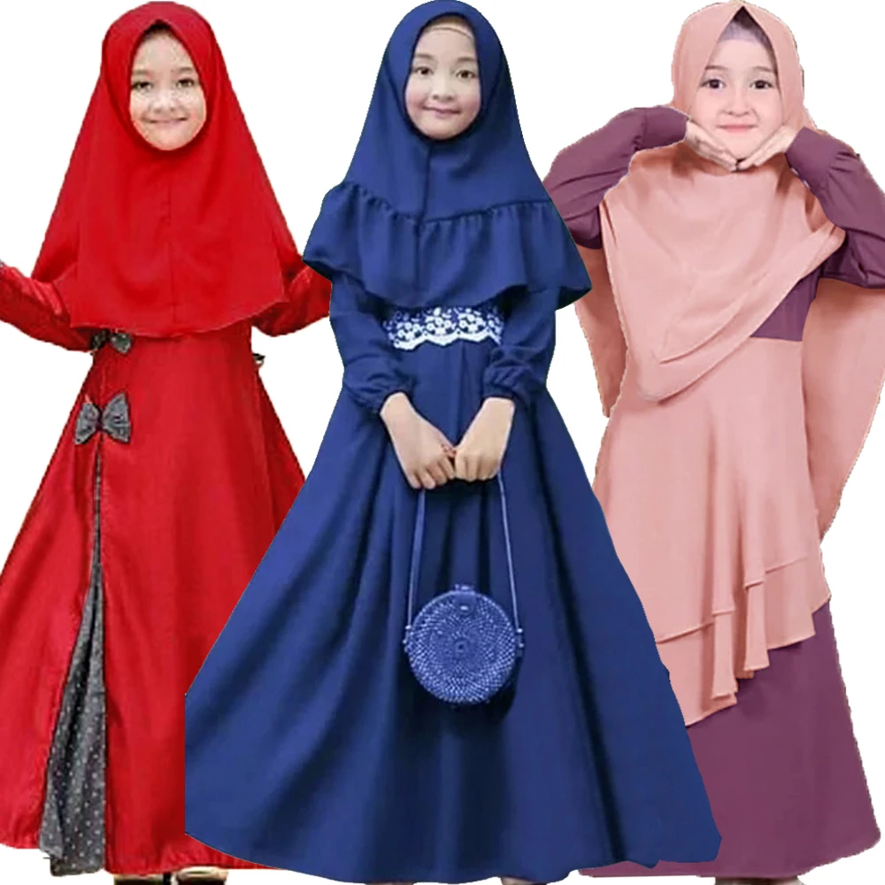 

Muslim Kids Girls Prayer Dress 2Pcs Set Dubai Turkey Children Hijab Abaya Eid Ramadan Islamic Clothing Khimar Kaftan Niqab Burqa