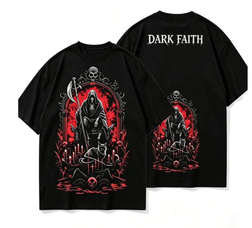 2026 new  Men's Gothic Death Skull Black Cat Candle Printed Double sided T-shirt, Aesthetic Metal Street Wear