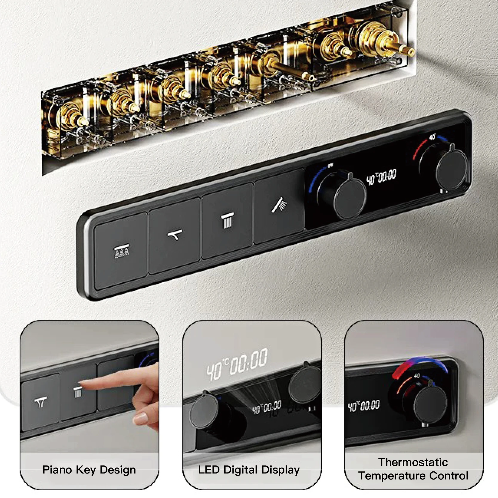 Gun Grey Ceiling Mounted Shower System Brass Thermostatic LED Display Hot Cold Water Bathroom Fixture With Tropical Shower